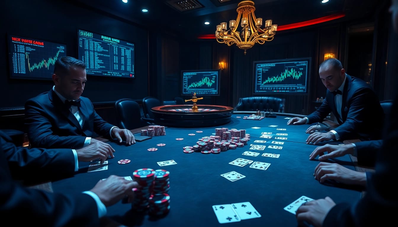 High-stakes poker players at a casino showcasing hidden wiki dark web themes amid an atmosphere of luxury and excitement.