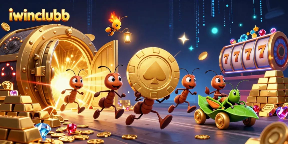 Experience a thrilling heist in iwinclubb, featuring ants and a grasshopper in a vibrant casino scene.