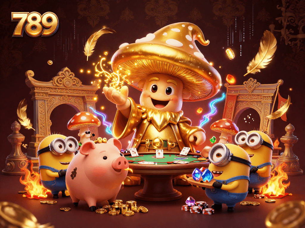 Experience the magic of 789 with a golden wizard and treasure hunting pig in a vibrant casino scene.