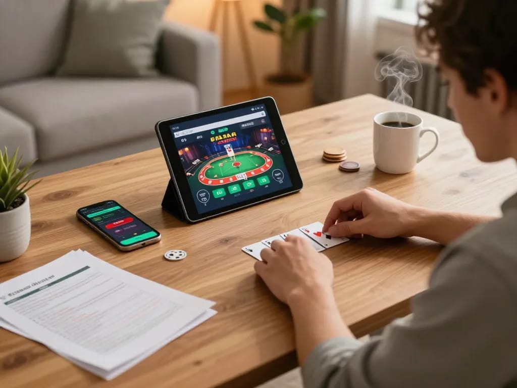 Engaging in app tài xỉu online uy tín gameplay on a cozy tablet setup, strategic notes and smartphone boosting the experience.