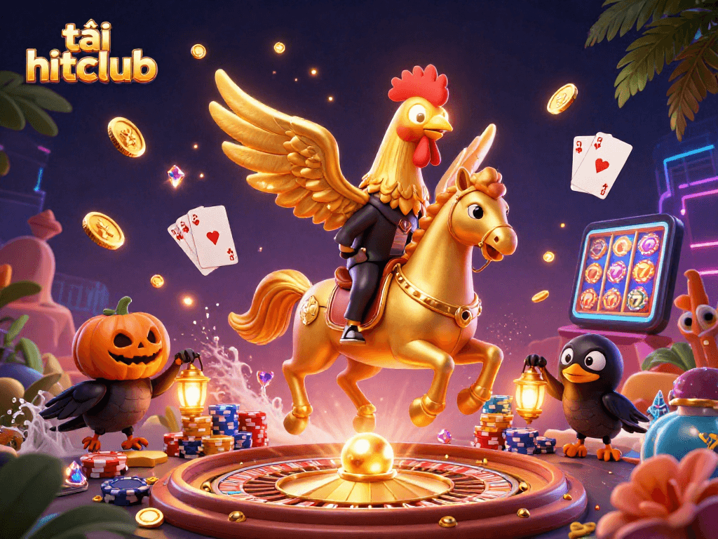 Play and win with tải hitclub in a vibrant casino scene featuring golden rooster and dynamic gaming elements.