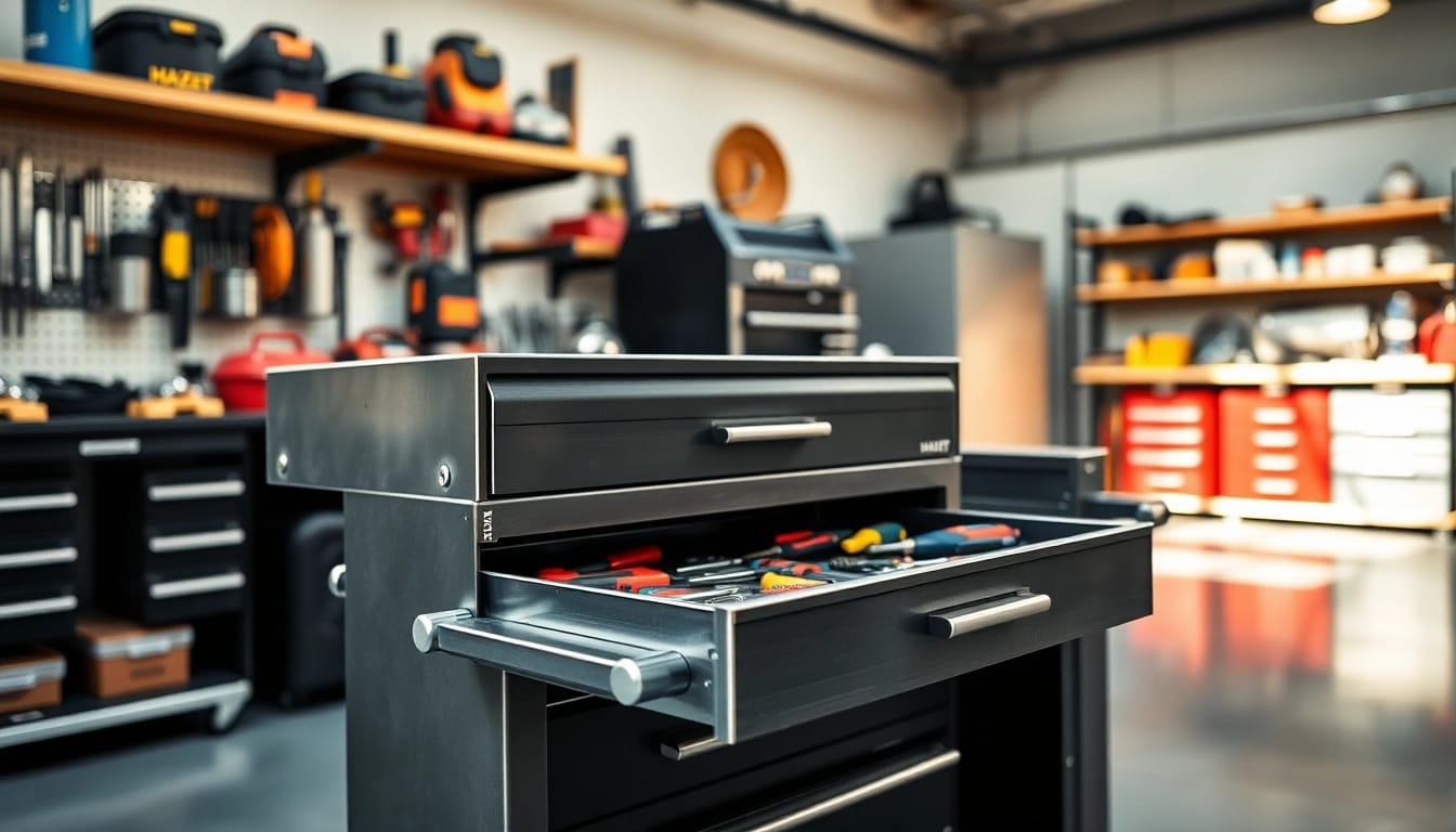 Organized HAZET tool cart filled with quality tools in a professional workshop setting