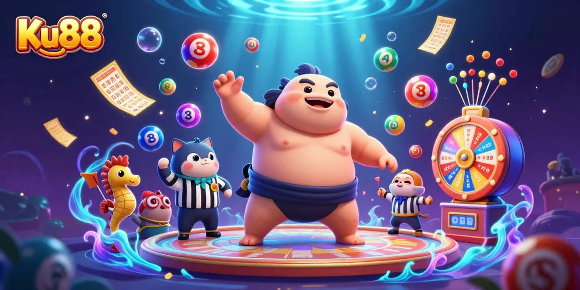 Engage with Ku88's thrilling gaming experience featuring a dynamic underwater scene packed with colorful lottery elements.