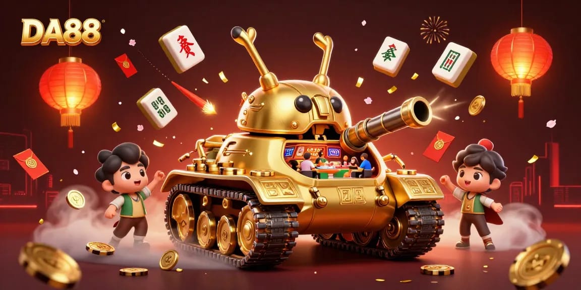 Engage in the fun of DA88 casino adventure with a colorful 3D illustration featuring a golden beetle tank.