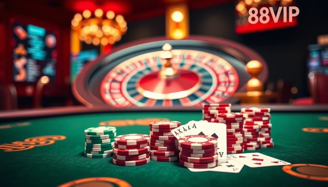 Experience the thrill of online gambling at https://68vip.trade/ with a luxurious casino table scene in action.