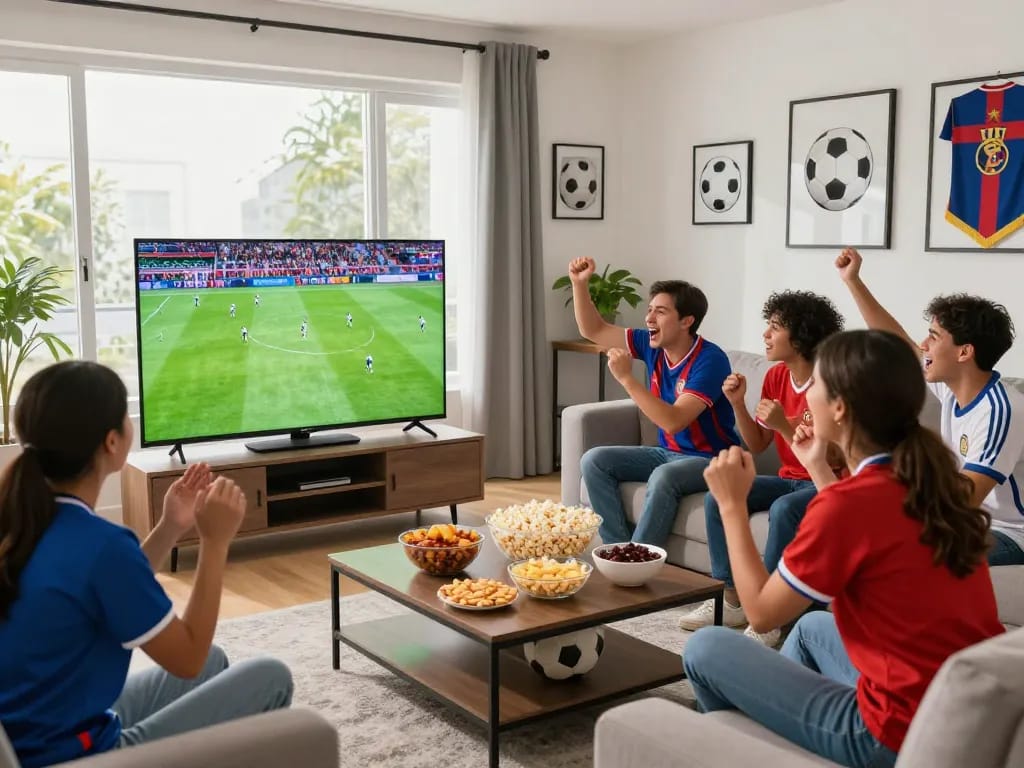 Excited friends watching live football match ดูบอล in a modern living room.