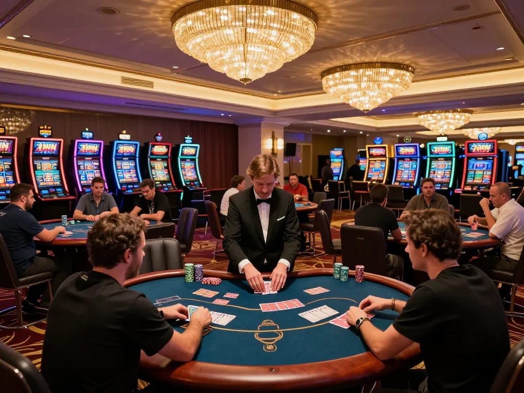 Players enjoying poker games at the elegant 78WIN casino with vibrant lighting and engaging atmosphere.