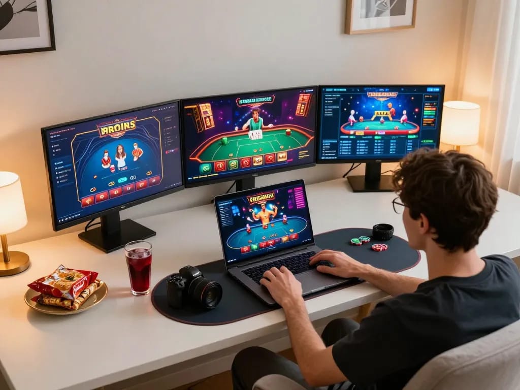 Player enjoying 99Win poker game interface on laptop, immersed in online gaming experience