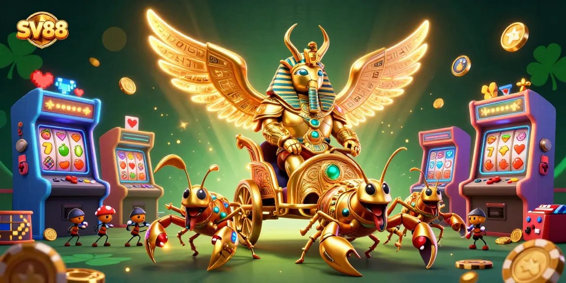 Experience exhilarating fun with SV88's vibrant casino scene featuring a golden scarab and captivating game elements.