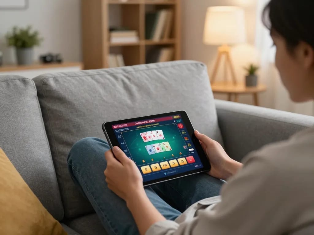 Player enjoying online game at home on tablet, showcasing go88vv casino interface.