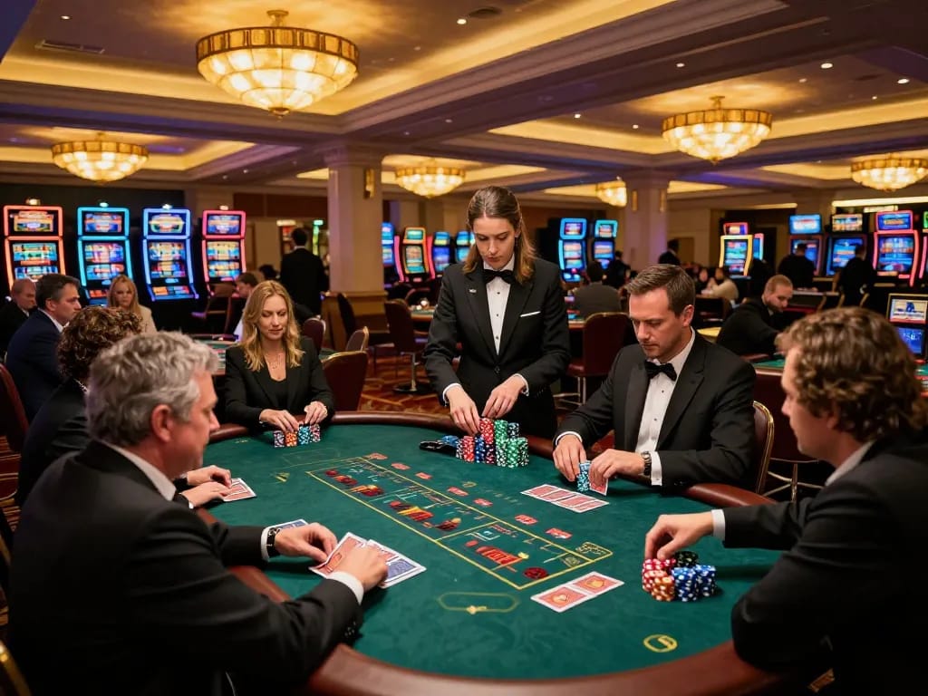 Players at TG88 blackjack table engaged in strategic betting, vibrant casino environment.
