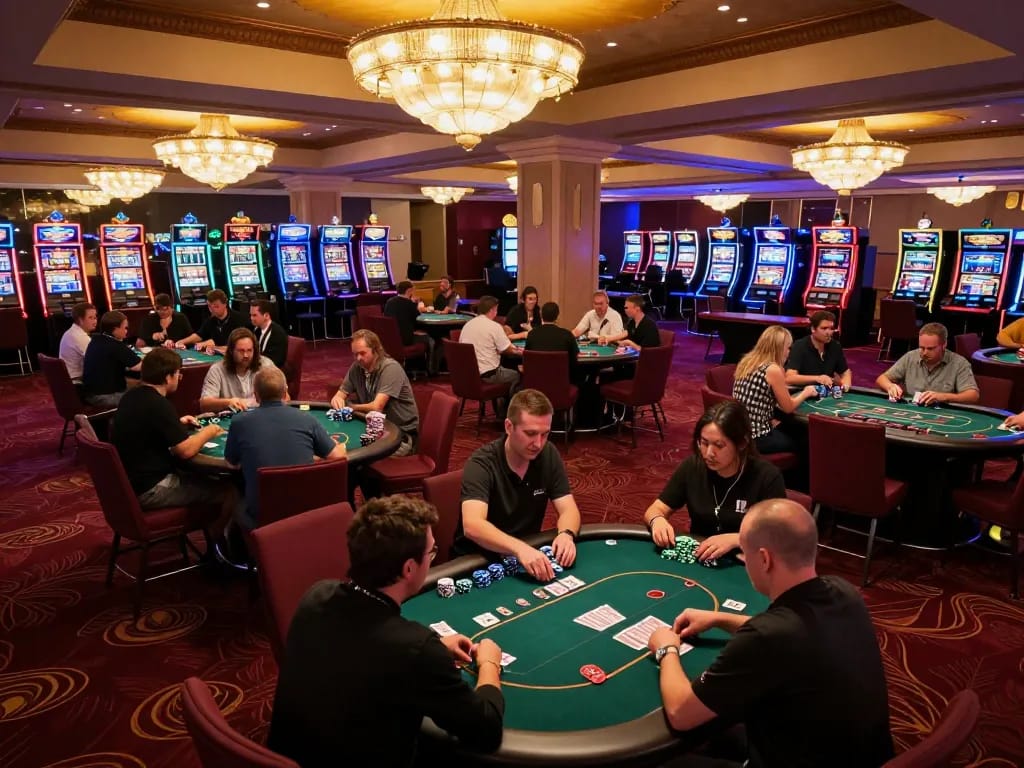 Players enjoying the excitement of go 88 poker tables in a vibrant casino atmosphere.