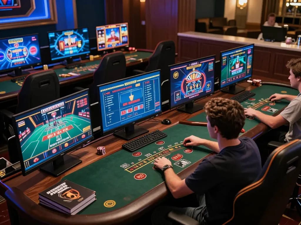 Engaging in strategic online gaming at QQ888 with multiple screens displaying casino games.