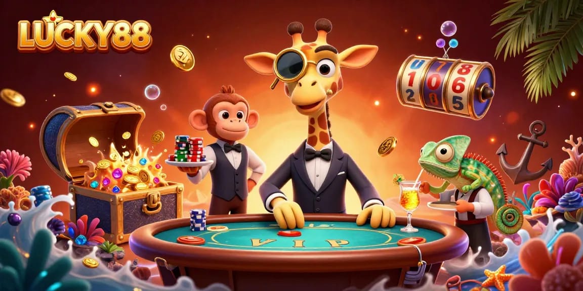 Experience LUCKY88 with high-stakes fun from a giraffe in a VIP casino environment.