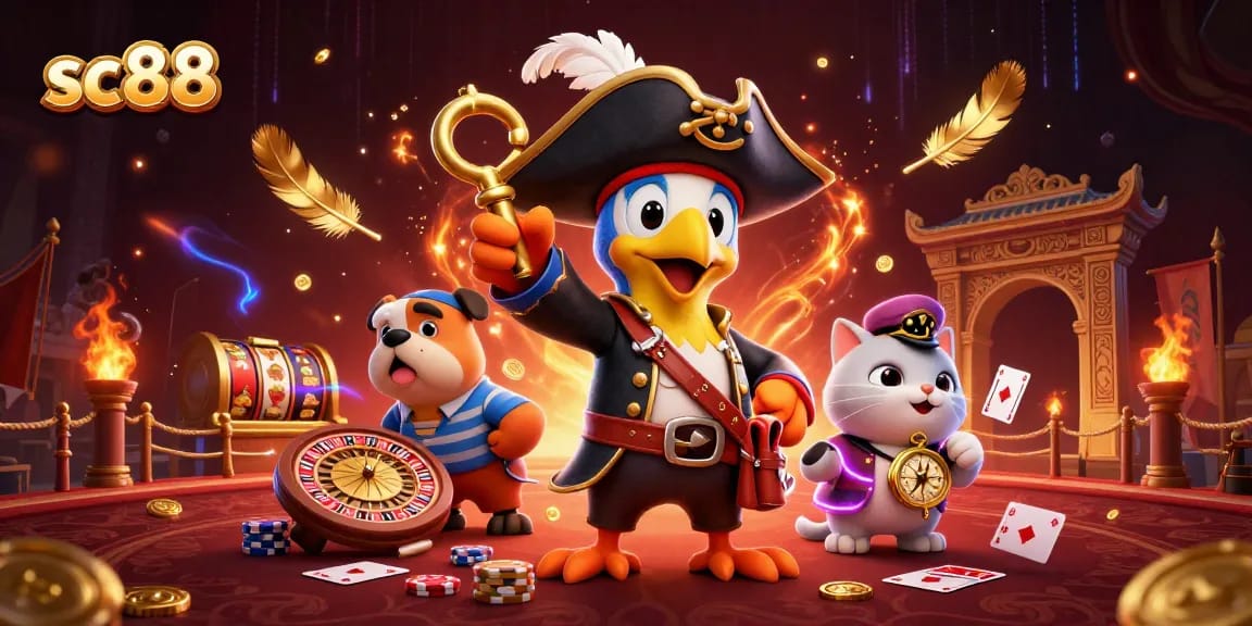 Experience the vibrant casino world with sc88's pirate captain, bulldog, and navigator!