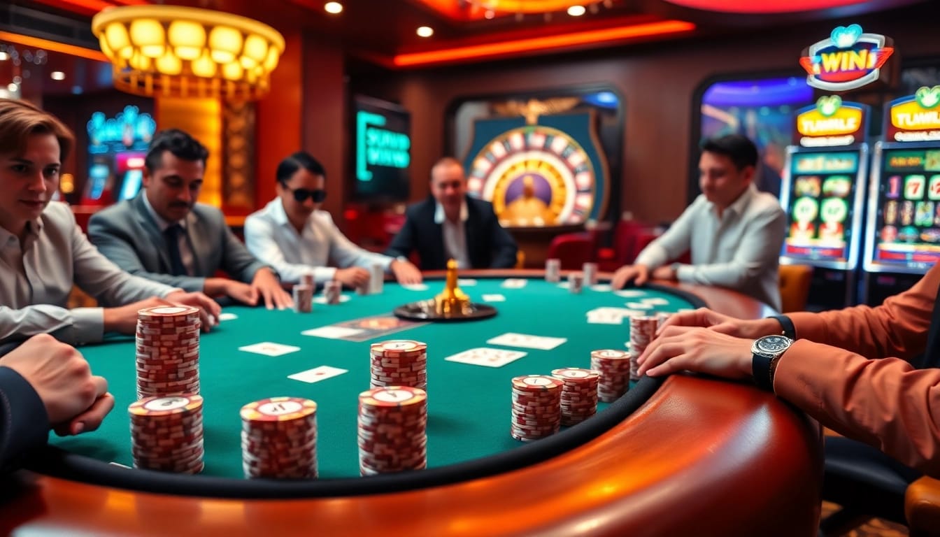 Tích cực tải sun win at a vibrant poker table, capturing the thrill of high-stakes gambling.