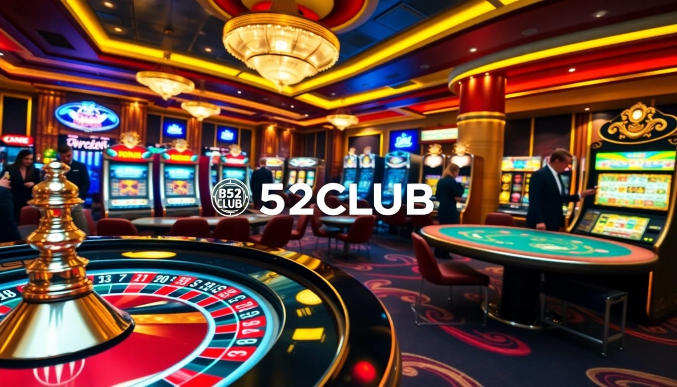 Players enjoying B52CLUB games at a luxurious casino table with vibrant poker chips and roulette.
