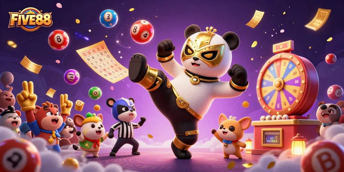 Experience thrilling gaming action at FIVE88 with exciting lottery elements and vibrant characters.