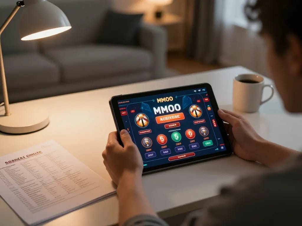 Engaging with the MMOO online casino on a tablet in a cozy home setting
