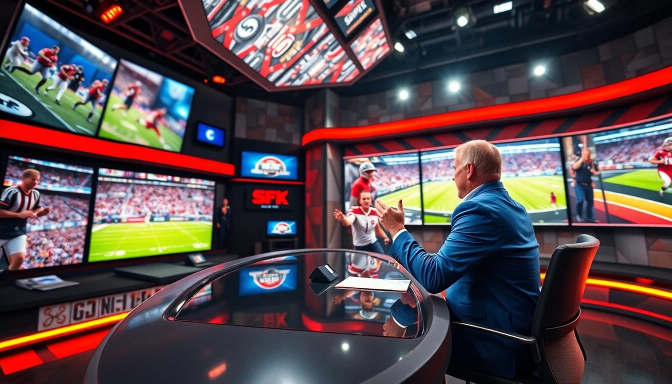Engaging host providing sports broadcasting commentary in a vibrant studio setting.