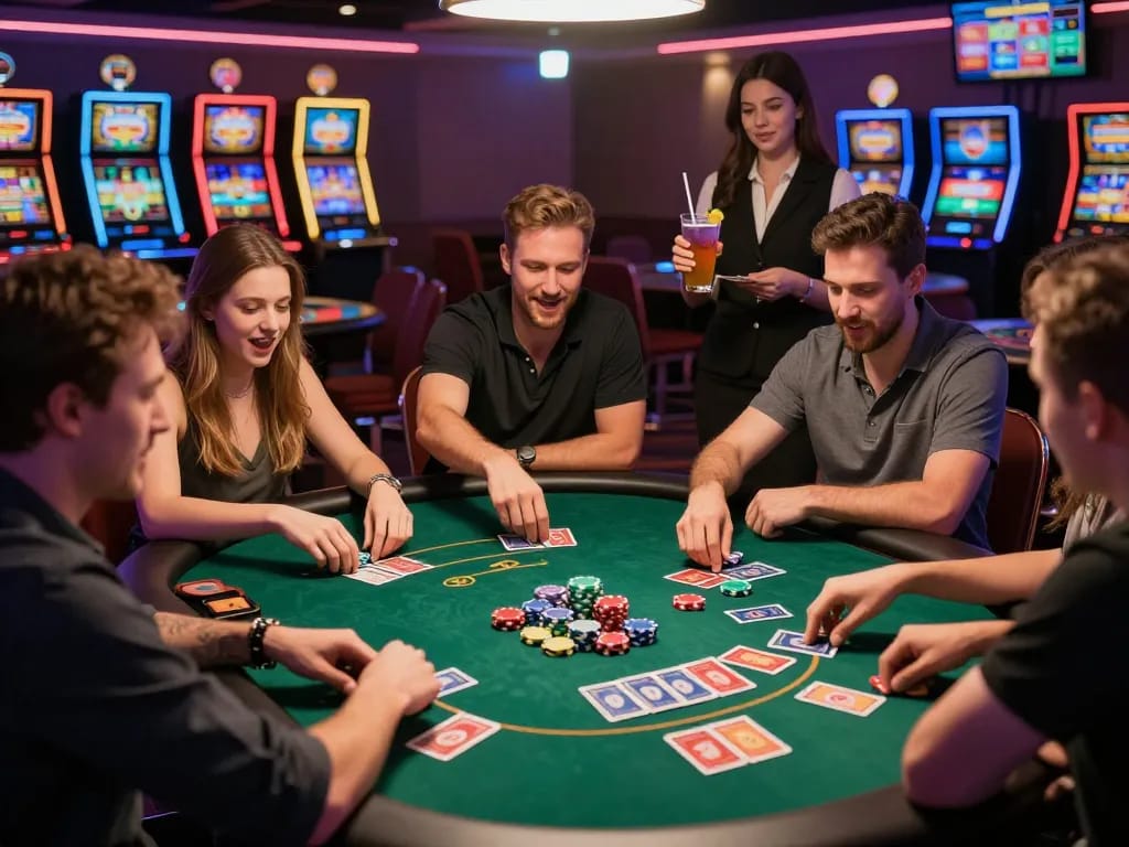 Friends enjoying poker at man88 casino, vibrant gaming atmosphere with neon lights and cheers