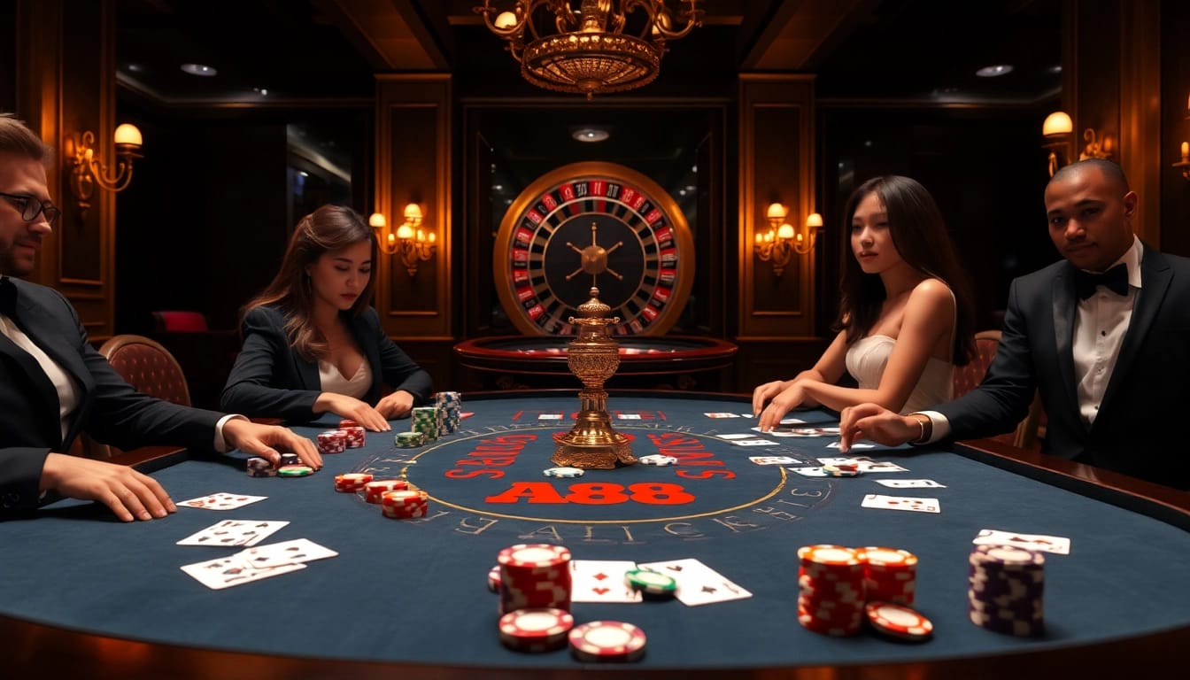 Gambling excitement at an AU88.com themed poker table in a luxurious casino.