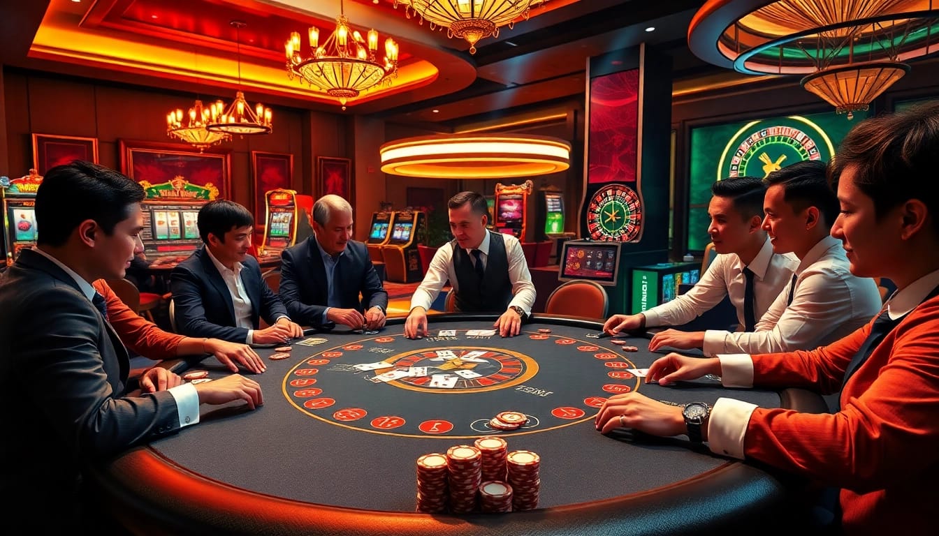 Players enjoying a poker game at NHÀ CÁI B8, showcasing excitement and high-stakes action.