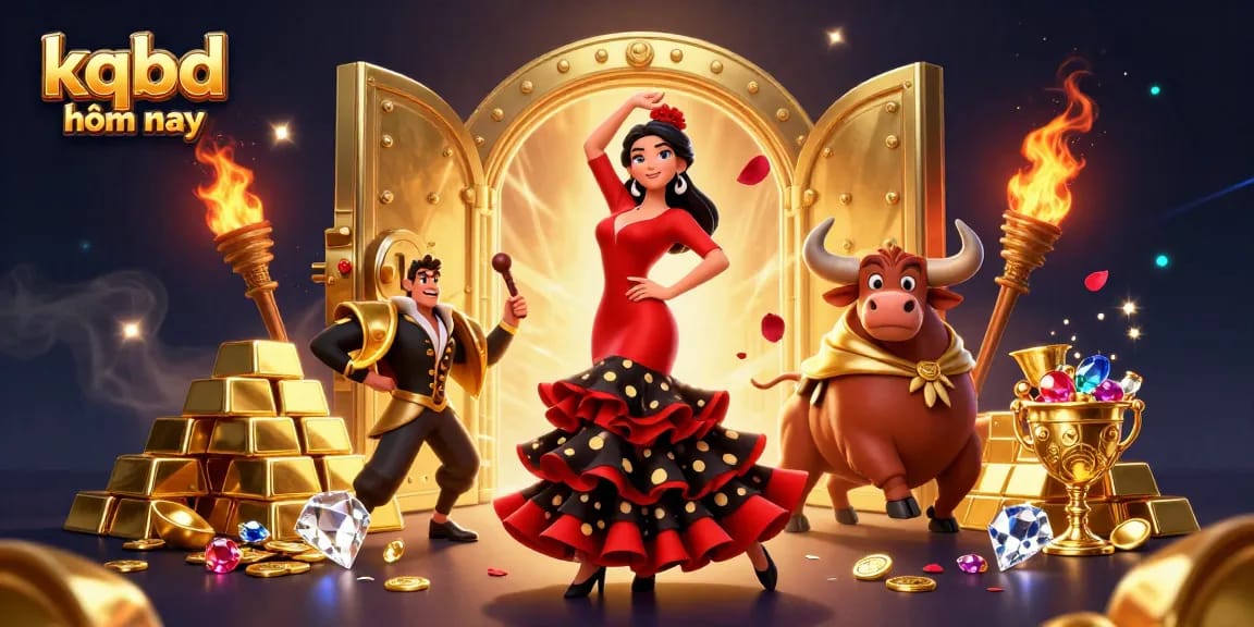 Enjoy kqbd hôm nay with an engaging 3D illustration of a flamenco dancer and bull amid treasures.