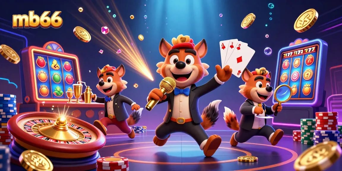 Join the action at mb66 with vibrant slot games, sparkling gems, and lively hyenas in a thrilling casino scene.