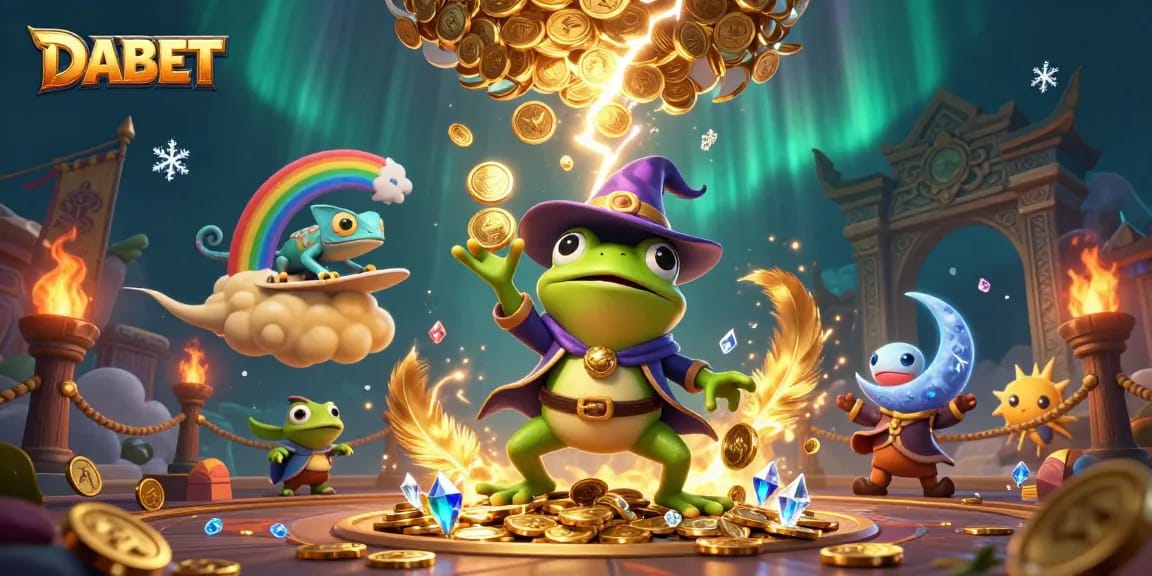 DABET offers thrilling casino games as a weather wizard frog conjures golden coins amidst a vibrant storm.