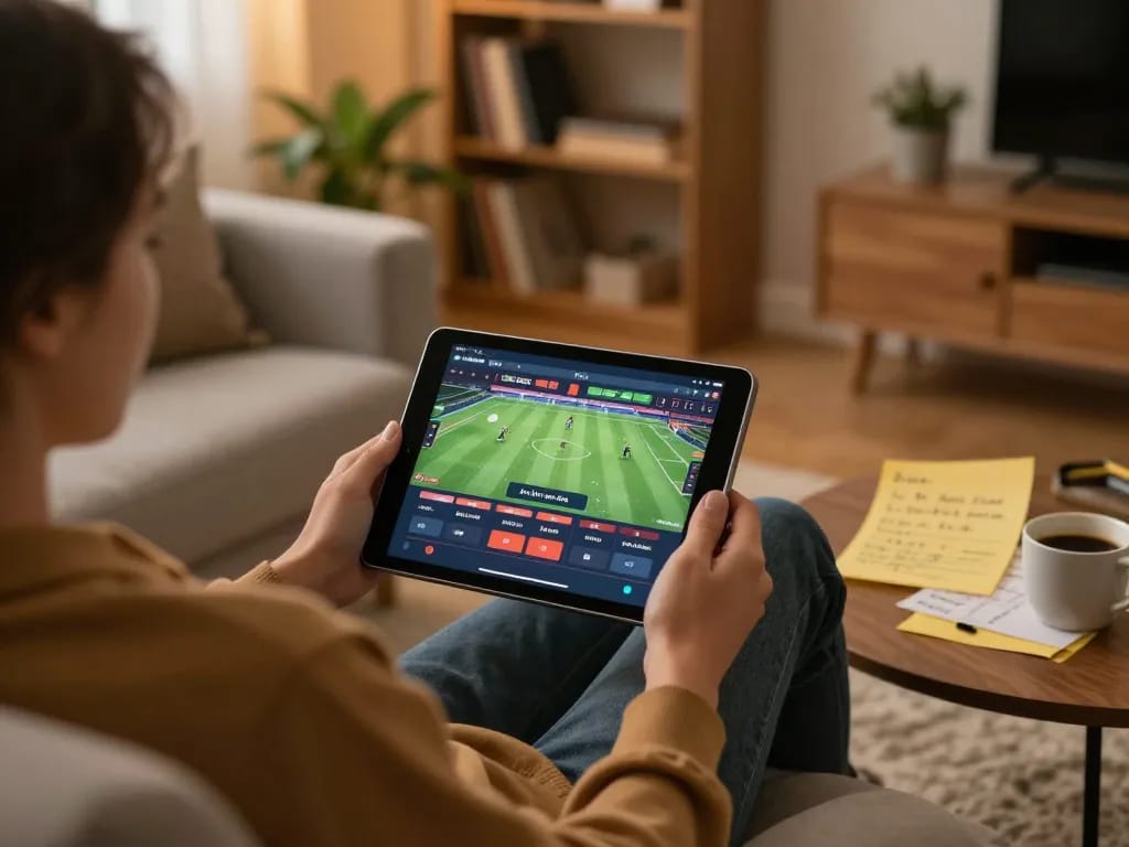 Kèo nhà cái hôm nay featured in a person's tablet for online gambling at home, highlighting sports betting.