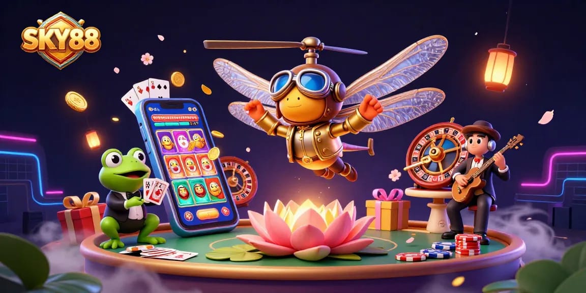 SKY88 showcases vibrant slot game action with a dragonfly pilot and frog croupier in a lively casino.