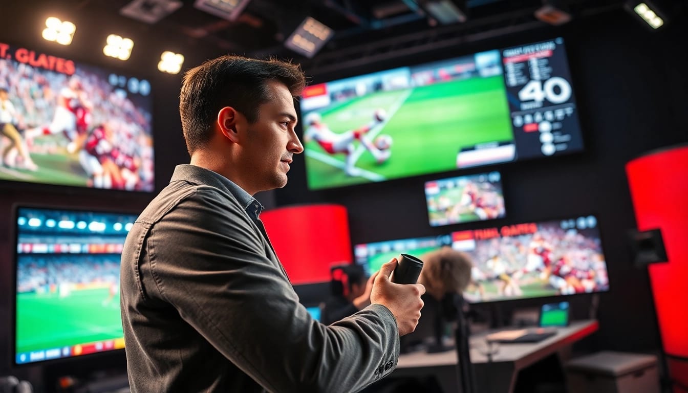 Engaging sports broadcasting scene with a journalist and high-tech equipment showcasing live events.