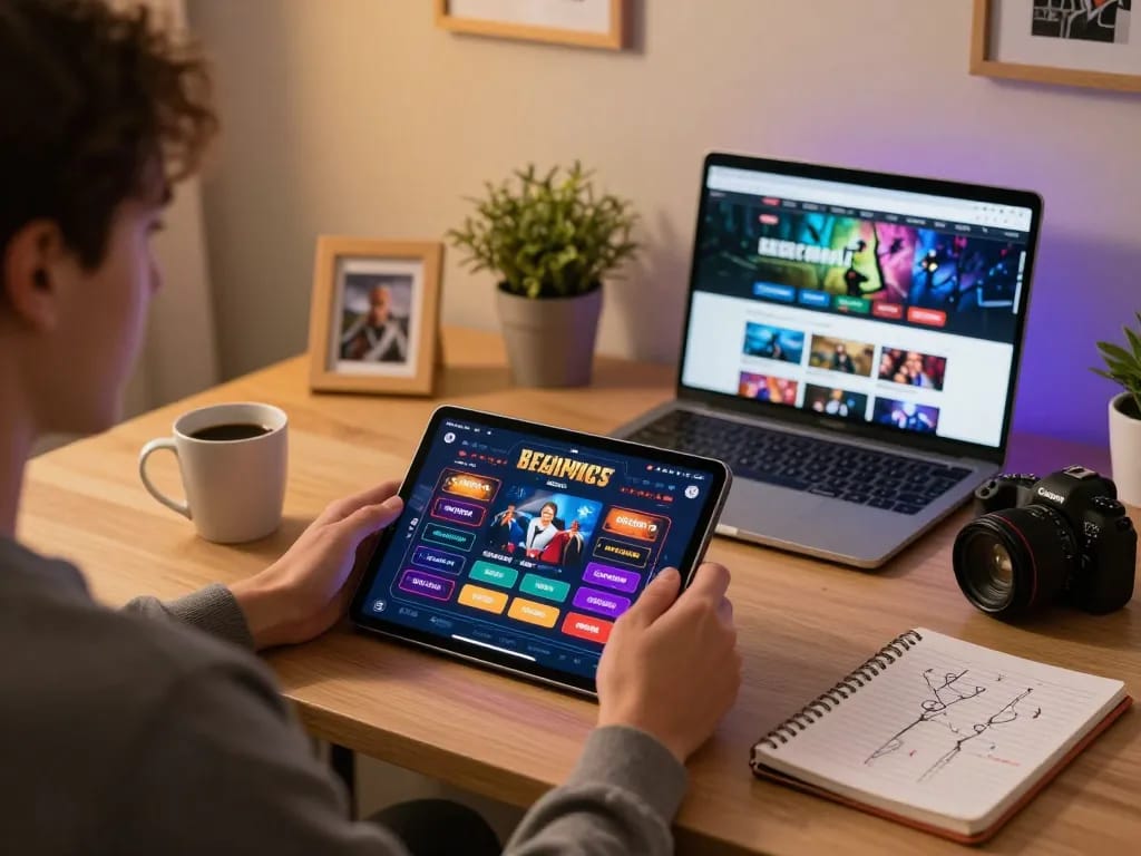 Engaged player using tablet for online gaming at tr88 com, cozy home office environment with strategy notes nearby.