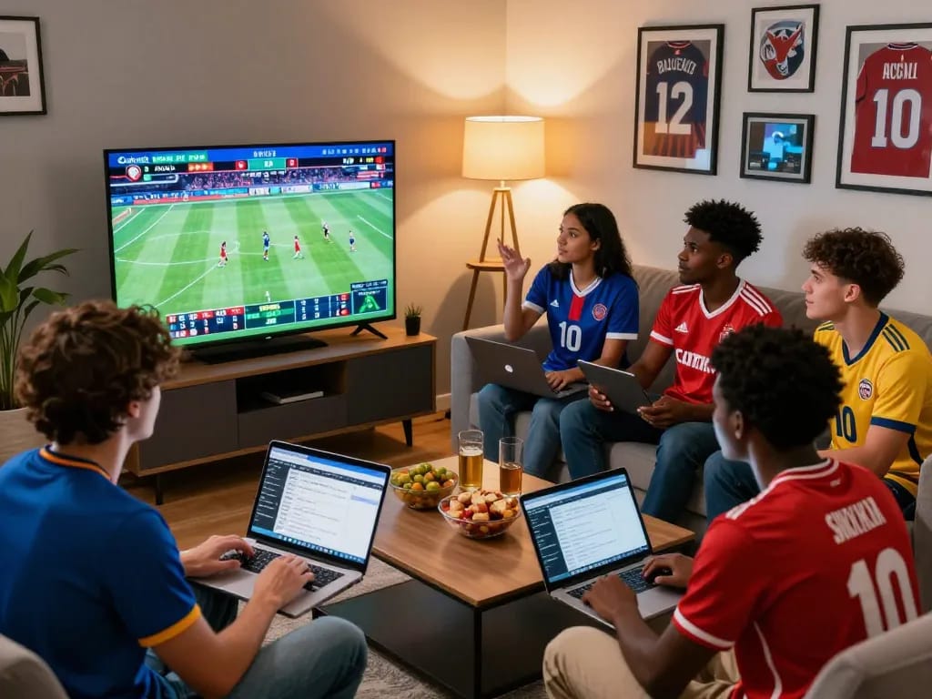 Friends enjoying a dynamic sports betting experience on Fabet with engaging visuals and a cozy atmosphere.