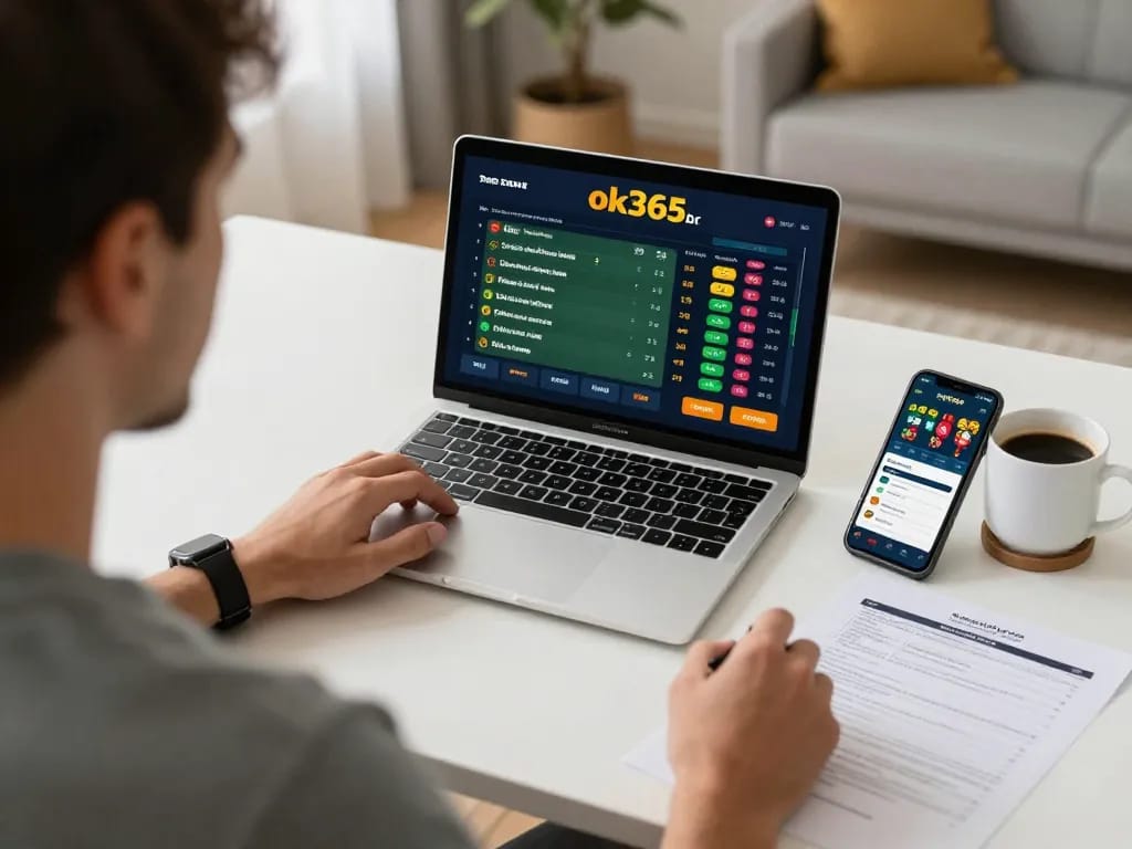 Engaged sports betting experience showcasing ok365.br.com on a laptop with real-time odds.