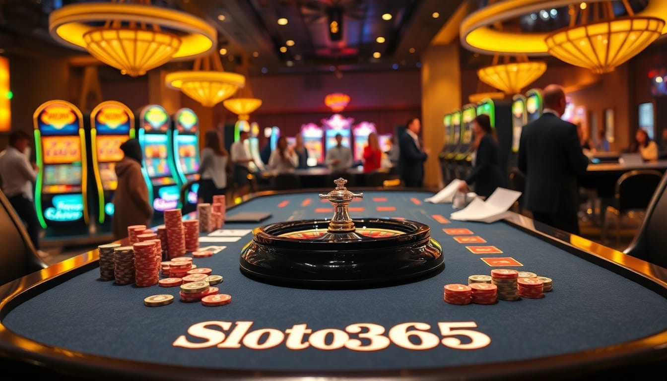 Experience thrilling gambling action at Slot365 with vibrant gaming tables, chips, and energetic players.