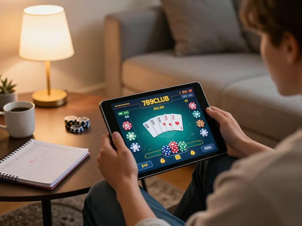 Player enjoying 789CLUB online gambling on tablet during cozy home session.