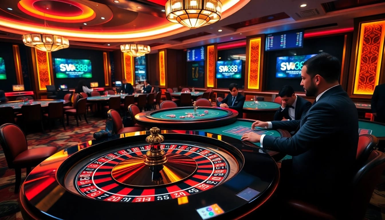 Experience thrilling gameplay at SV 388 in a vibrant casino setting with poker and roulette tables.