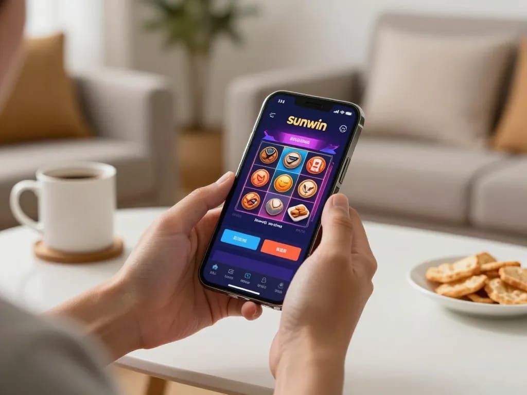 Player enjoying immersive gaming experience on Sunwin app in cozy home environment.