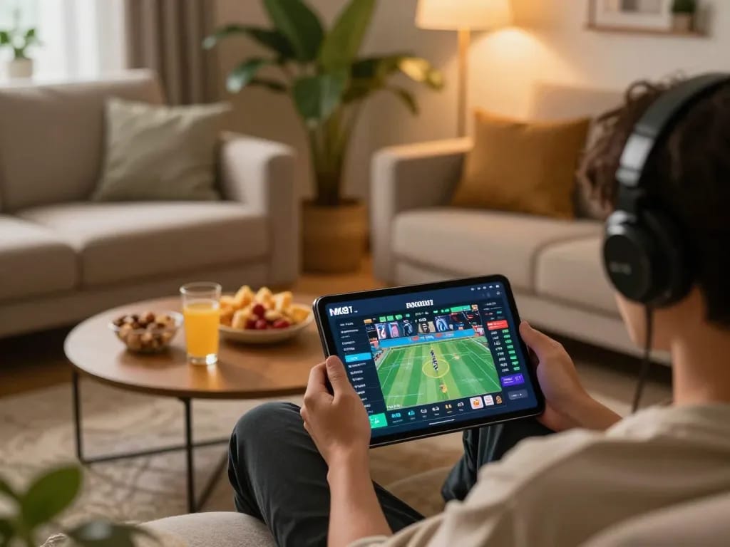 Player betting on mk8th platform using tablet in cozy home setup with warm lighting