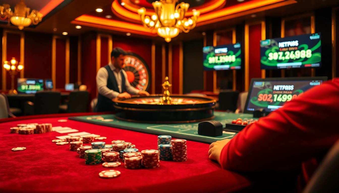 Experience the thrill of gaming at https://net88na.com, where poker chips and a roulette wheel create an exciting atmosphere.