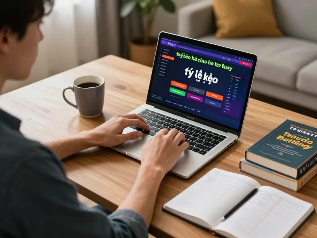 Tỷ lệ kèo nhà cái hôm nay displayed on a laptop during online sports betting, capturing the strategic approach to responsible gaming.