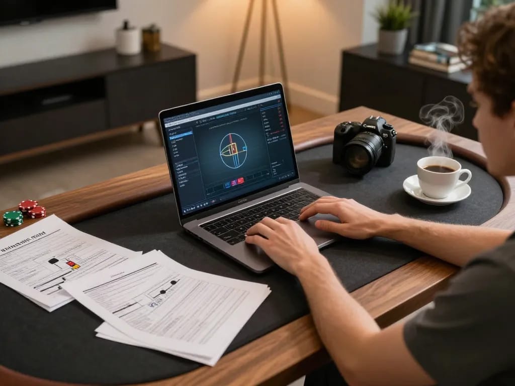 Enjoying an online poker game through link 888new in a cozy home setting with strategic notes.
