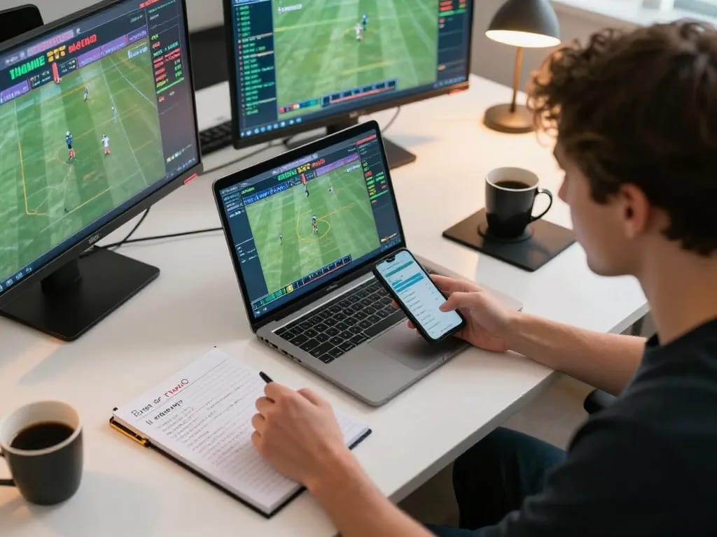 Engaging moment of sports betting at home, showcasing hbet strategies in play with multiple screens and live events