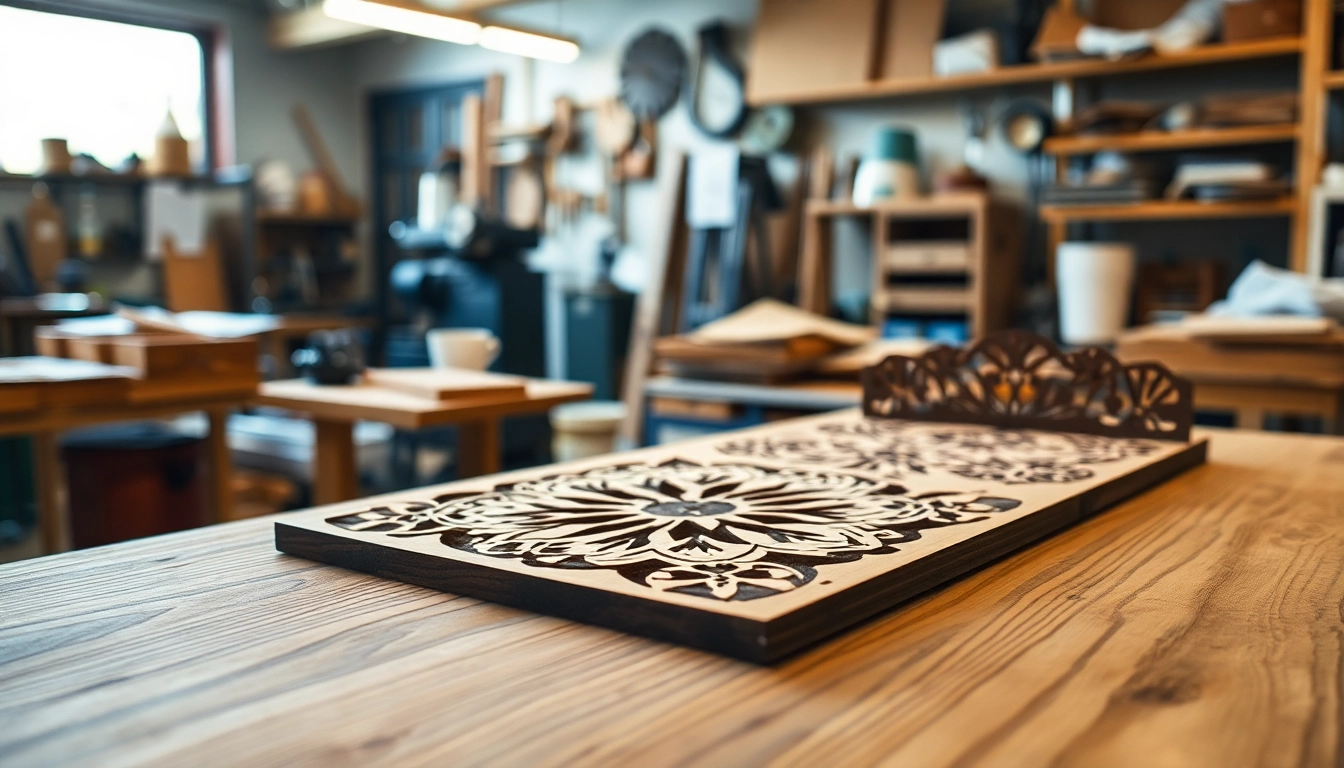 Elegant laser cutting designs displayed prominently on a crafted wood surface, highlighting precision and artistry.