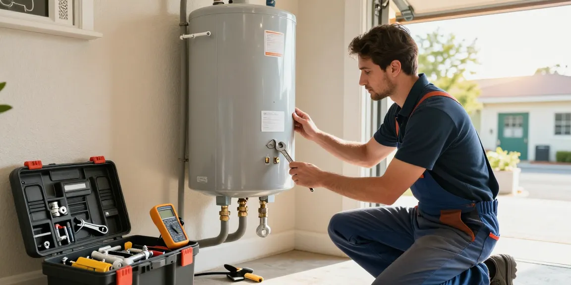 Expert plumber performing water heater repair San Diego in a bright residential setting with tools and equipment.