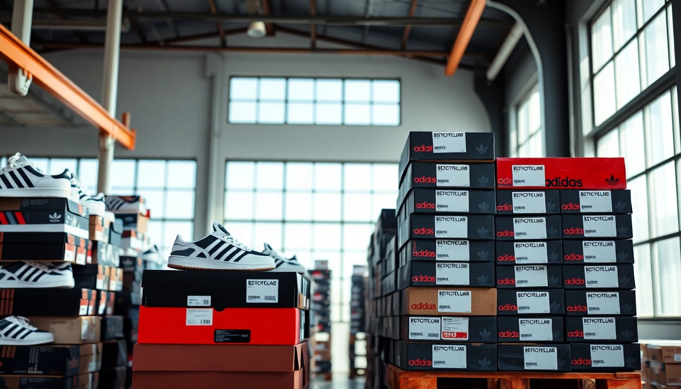 Showcase of Best Adidas Shoe Pallets (100 Pairs) arranged attractively in a warehouse.