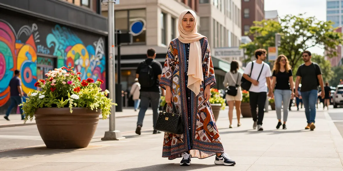 Stylish individual in modest clothing highlighting contemporary urban fashion, featuring a maxi dress and hijab.