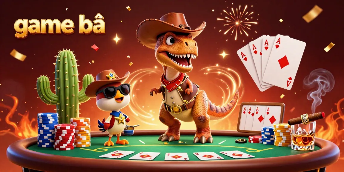 Experience top game bài action with vibrant characters and poker elements in this 3D illustration.
